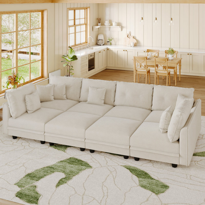 8 Seat Corduroy Convertible Modular Sectional Sofa With Storage, 6 Back Cushion 6 Throw Pillow, Beige Corduroy