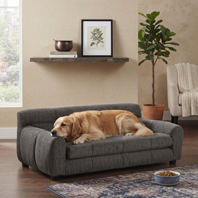 Soft Cozy Pet Couch with Backrest and Armrests, Rectangular Modern Sofa for Small and Medium Breeds, Dark Grey