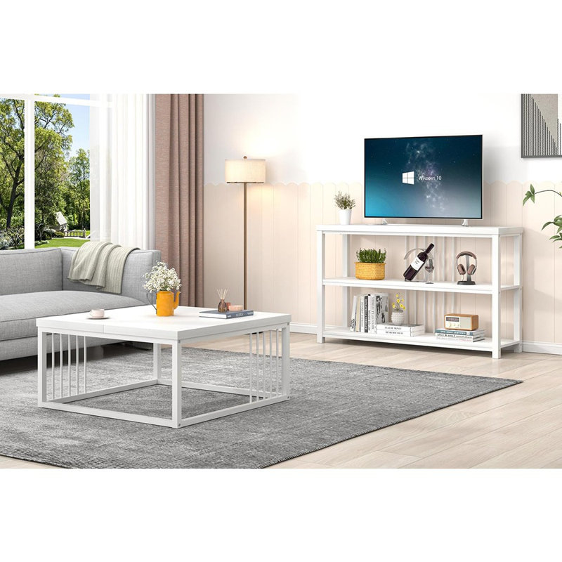 Table basse 43,3 "moderne rustique, centre industriel en bois et métal, blanc