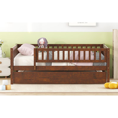 Full Size Walnut Daybed With Extendable Trundle And Secure Fence Guards Stylish Wood Rails,