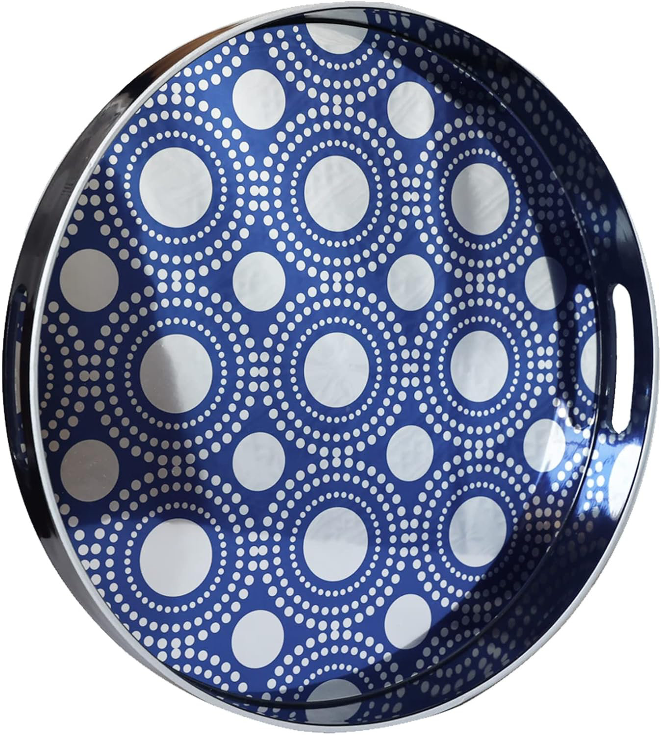 Dakota Fields Blue & Silver Round Serving Tray With Handles, 13 ...