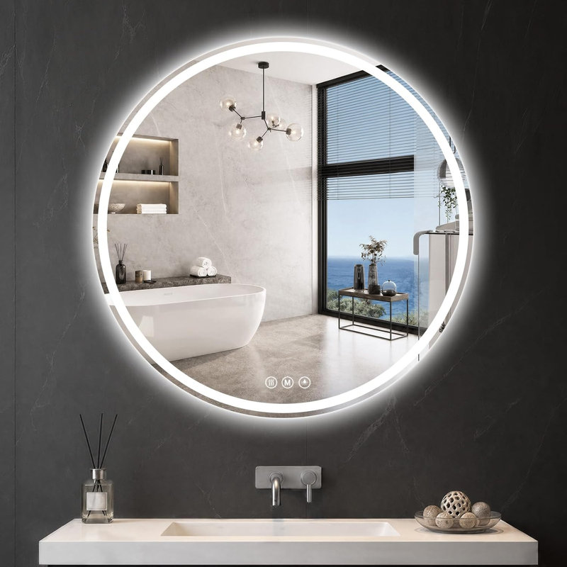 Miroir rond pour salle de bain à DEL, 40 po, verre trempé incassable HD