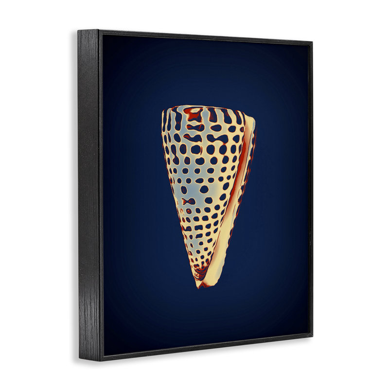 Cône de coquillage sur estampe numérique bleue par Graffi *ee Studios, H 14 po x l 11 po, Giclée encadrée noir minuit