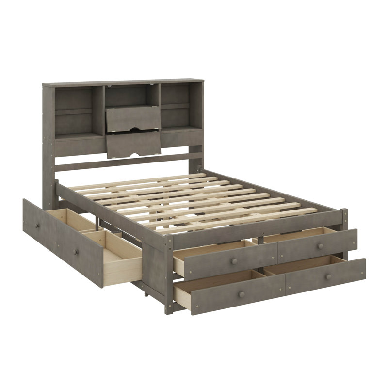 Grand lit de rangement moderne avec tiroirs et tablettes intégrés, Grand, gris