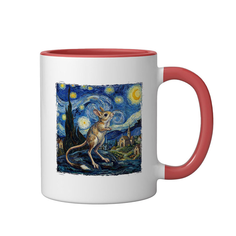 Van Gogh Starry Night Painting Animal Art Ceramic Mug, Blue/White, 11oz, Red