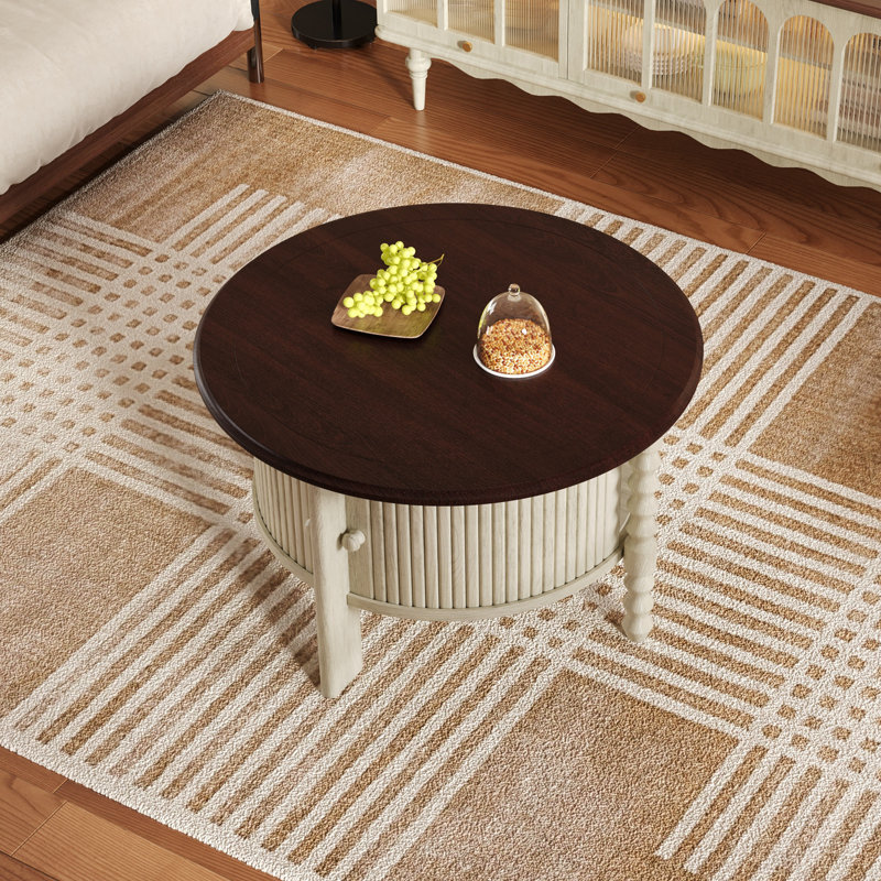 Table basse ronde avec rangement et porte coulissante, Espresso, Beige