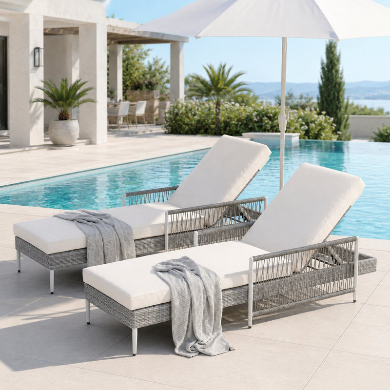 Ensemble de 2 chaises longues d'extérieur réglables en rotin avec coussins PE, Grey, 2