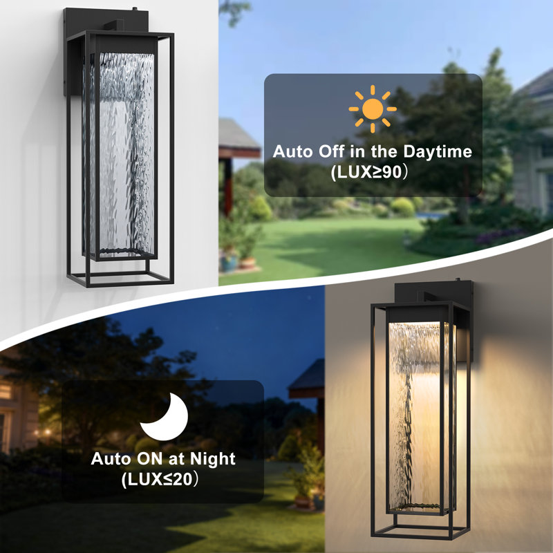 1 - Light 28''H Dimmable Led Black Iron and Water Ripple Glass Outdoor Wall Light with  Dusk to Dawn, Matte Black