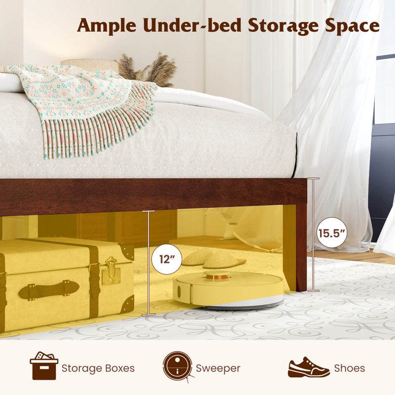 Base de lit grand 15,5 pouces avec tête de lit rétro et espace de rangement sous le lit, Grand lit