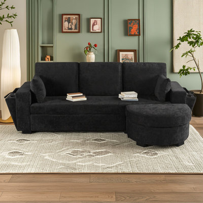 Three Seat L-Shaped Sectional Sofa with Storage Ottoman, USB Charging, and Cup Holders