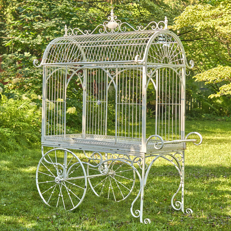 Large Antique White Metal Flower Cart with Curved Roof