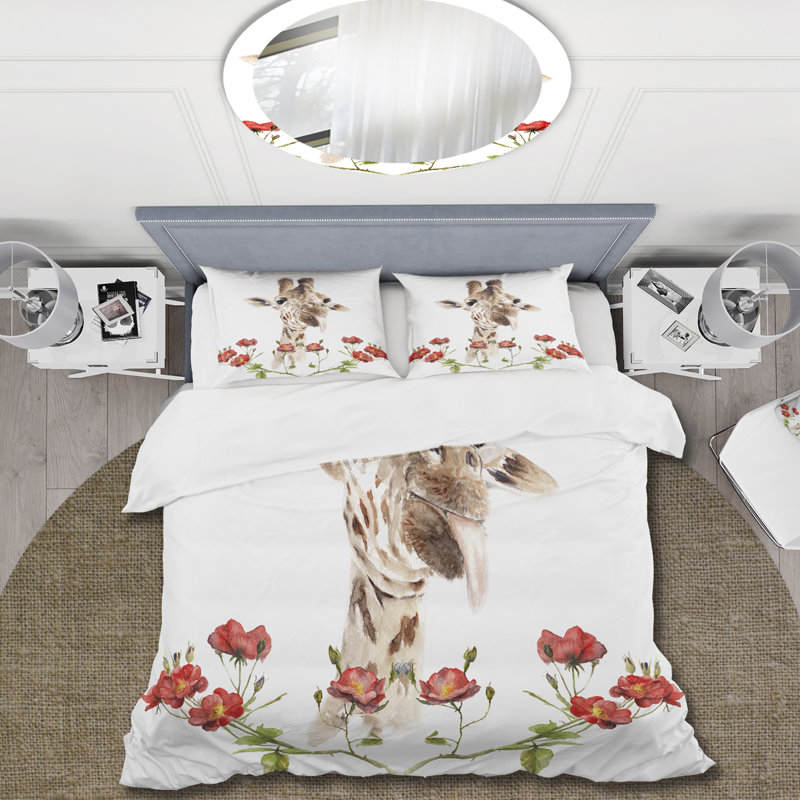Portrait d'une girafe avec des fleurs II - Ensemble de housse de couette Farmhouse - Microfibre de polyester