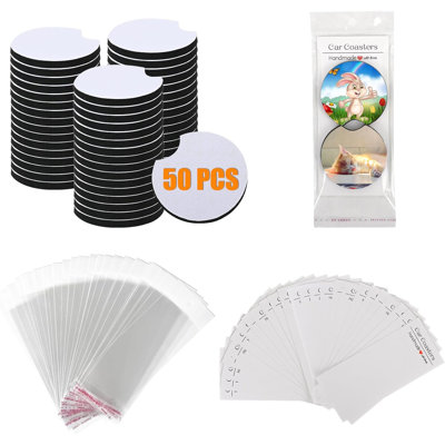 100Pcs Sublimation Car Coasters Blanks Set 2.75 Inch Round Neoprene Coasters with Self-Seal Bags and Display Cards for DIY Crafts