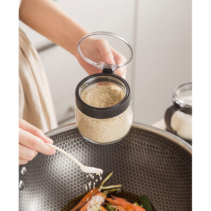 Glass Seasoning Box Set,12Oz/350 Ml Condiment Set With Lids And Spoon,Glass Condiment Canisters,2Pack Scondiment Jar Set For Sugar Pepper For Kitchen Counter(Black)