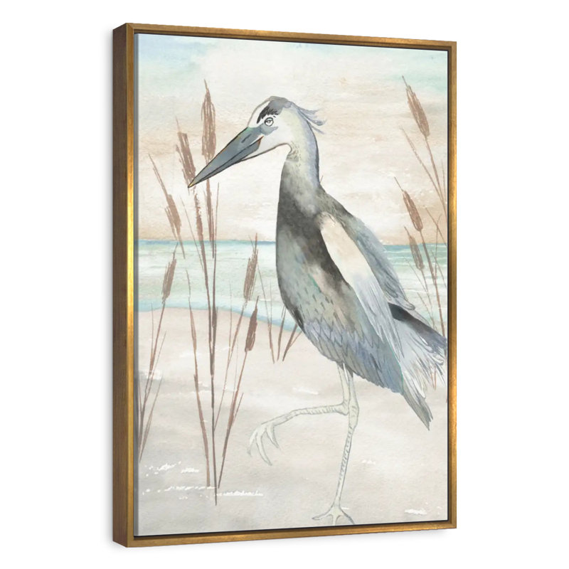 Héron par l'herbe de plage II, Cadre flottant doré, 21 po x 31 po