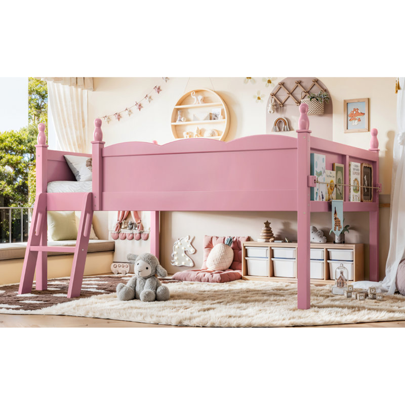 Lits mezzanine pleine grandeur avec tablette pour livres Safe, panneau de fibres à densité moyenne en bois de pin, chambre d'enfant rose moderne