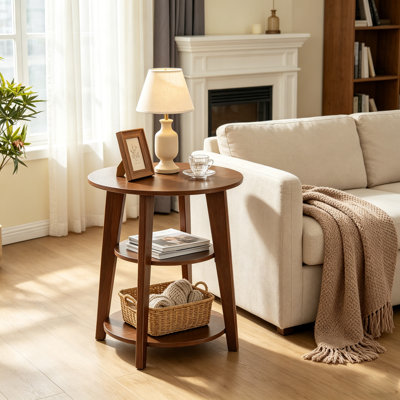 3-Tier Round End Table, Wood Accent Table with Storage Shelf, Small Side Table for Living Room ,Bedroom