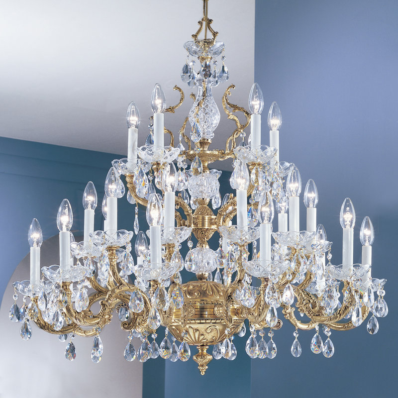 Lustre à 25 lumières de style bougie avec accents de cristal Ewert, Crystalique, Bronze du vieux monde
