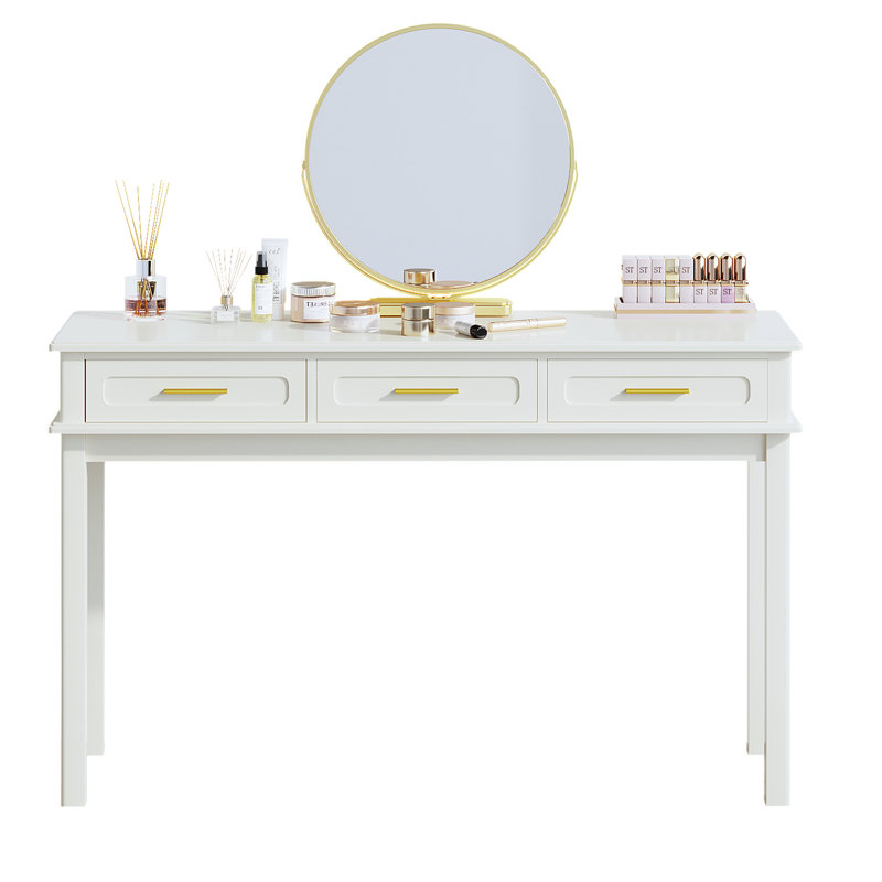 Bureau de maquillage moderne crème blanc, 3 tiroirs, ultrabrillant, pour la chambre à coucher, bureau spacieux, l 47,63 po x P 15,42 po H 29,59 po avec glissade lisse