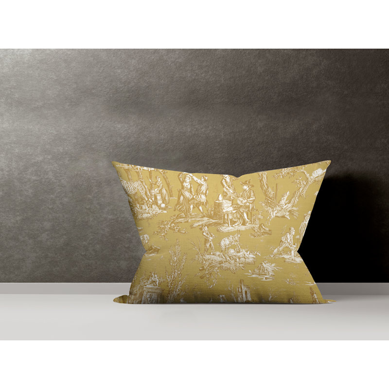 Toile Cotton Reversible Throw Pillow, Yellow
