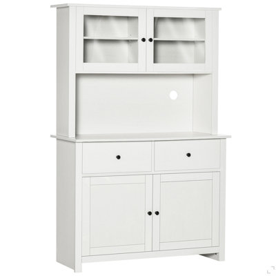 63.5" Kitchen Buffet with Hutch, Pantry Storage Cabinet with 4 Shelves, Drawers, Framed Glass Doors, Open Microwave Countertop