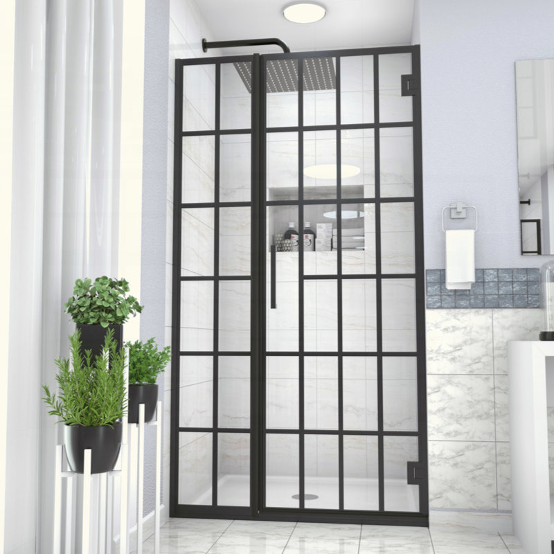 Porte de douche l 40 "x H 72" Porte de douche pivotante sans cadre avec motif en verre, entrée ouverte