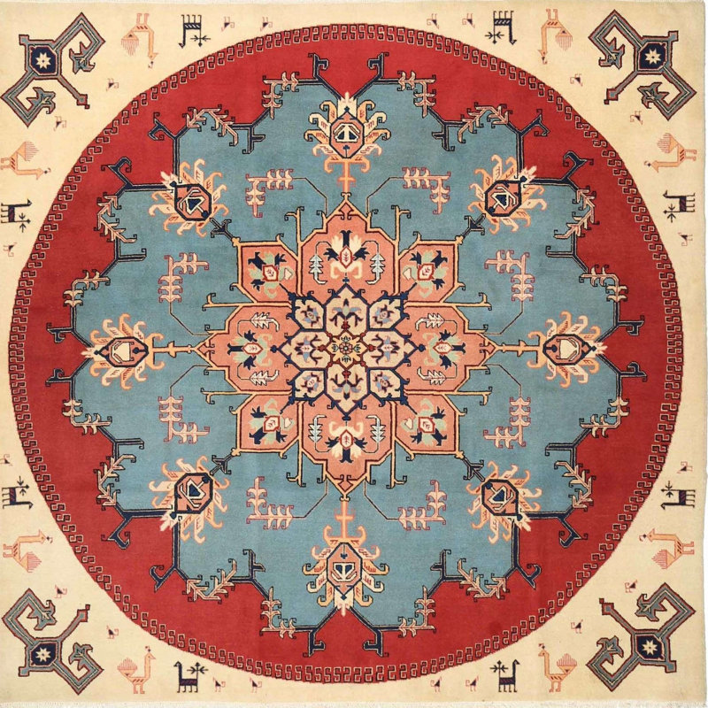 Tapis traditionnel rouge / bleu / beige Freja, Carré 8 pi