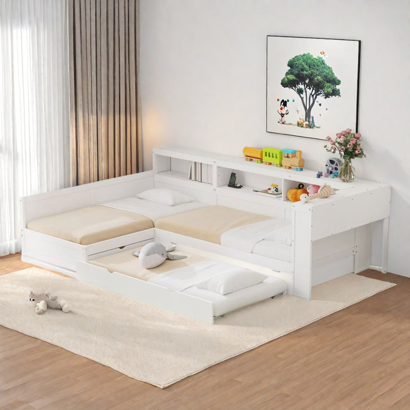 L-shaped Daybed With Trundle And 1 Drawer, Storage Shelves And Charging Station, White