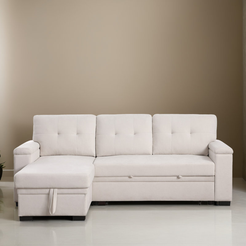 84.62" Pull Out Reversible Sleeper Sectional Sofa Bed with Storage Chaise, Beige Polyester