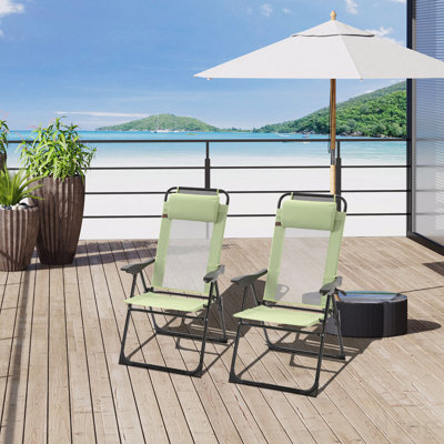 Ensemble de 2 chaises de patio pliantes, chaise longue d'extérieur à dossier réglable, chaise de camping avec appui-tête amovible pour le jardin, la cour, la pelouse, vert
