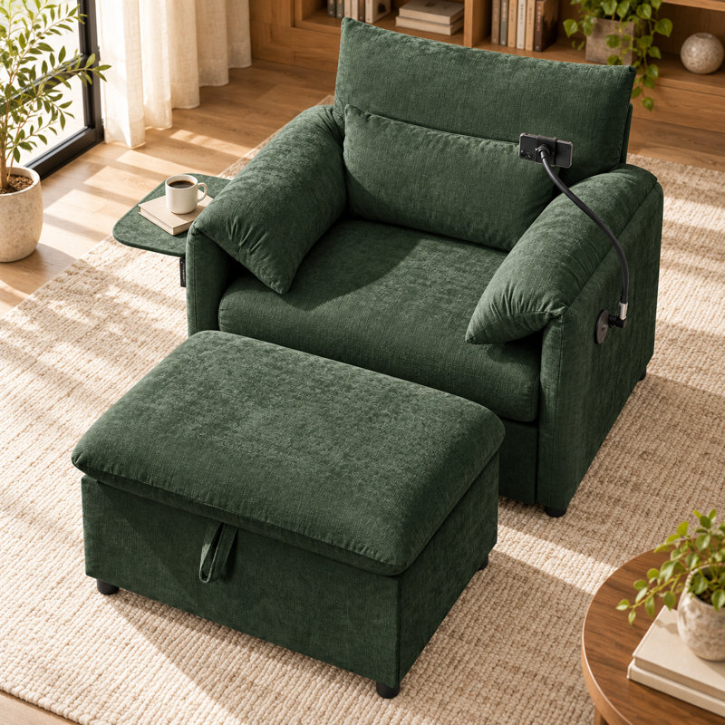 Chaise longue en chenille avec repose-pieds, dossier réglable, table d'appoint pliable et ports de charge USB Norelvessique