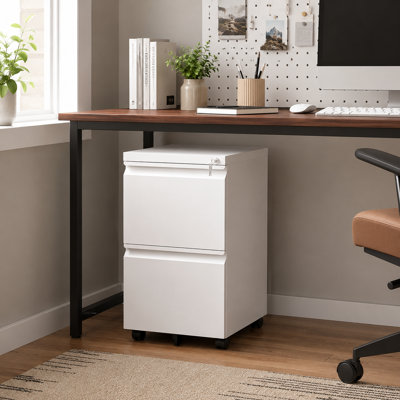 Bizoe White 2-Drawer Mobile Vertical Filing Cabinet with Lock and Interlock, 17 Inch Wide Steel Storage File Cabinet with Anti-Tip Fifth Wheel and Full Extension Drawers for Legal Letter Files