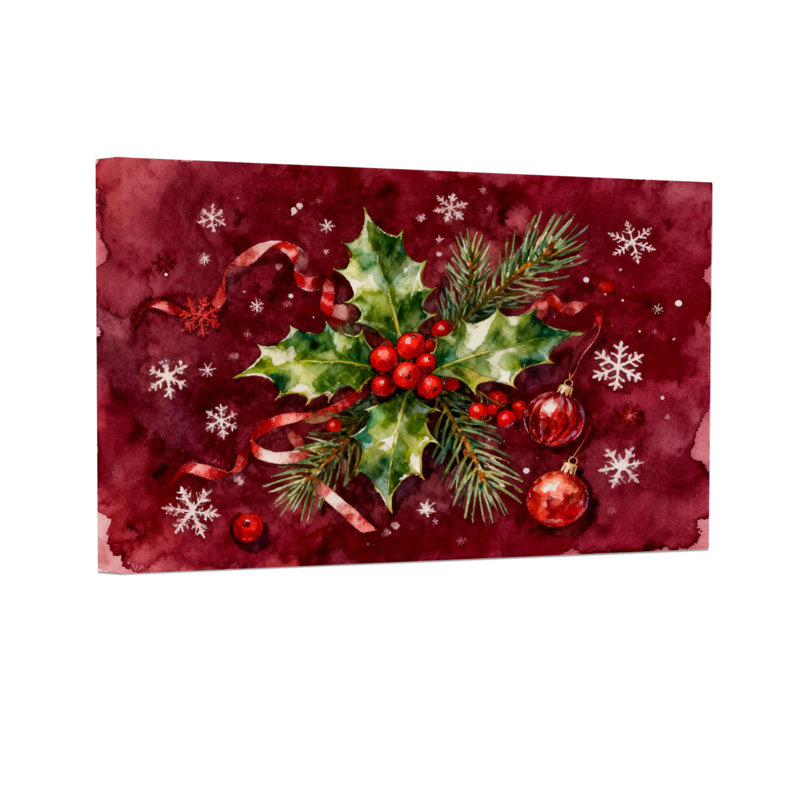 Noël, houx, baies, flocons de neige, ornements, rubans, pin