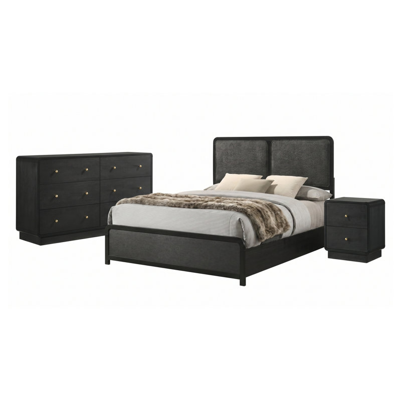 Ensemble de chambre à coucher Delacroix Queen 3 pièces comprenant un lit à panneaux, une commode et une table de chevet, en noir.