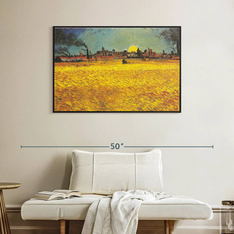 Champ de blé au coucher du soleil, 40 po x 27 po, Cadre flottant noir
