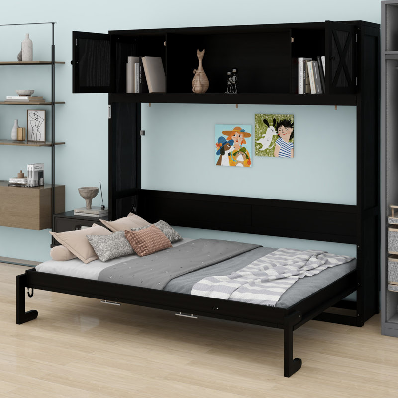 Lit escamotable peu encombrant avec armoires de rangement, Noir