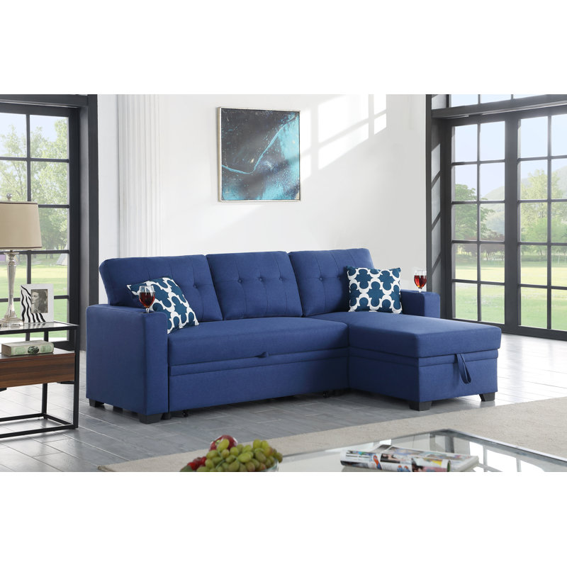 Upholstered L-Shaped Sectional Reversible, Blue Polyester Blend