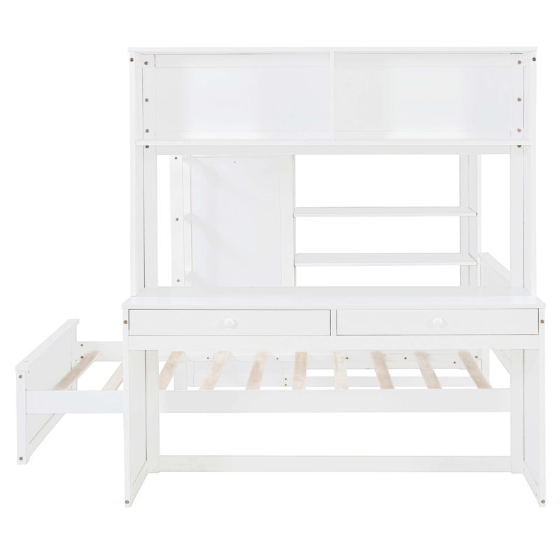 Lit mezzanine double avec lit simple autoportant, tablettes, bureau et garde-robe, Blanc