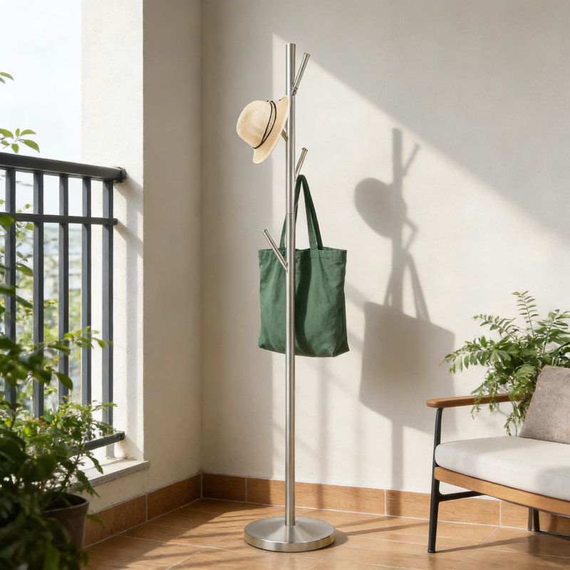 Portemanteau autoportant en métal avec 6 crochets robustes, conception mince et peu encombrante pour l'entrée, le bureau ou la chambre à coucher