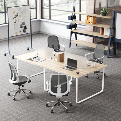 94" W 4-Person Workstation Desk with Privacy Panels and Cable Management, Light Wood/White