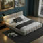 Lit plateforme grand 68 pouces avec lit à la terre 68 po, tissu d'ameublement en chenille épais d'une capacité de 500 lb, sans sommier tapissier, beige-1385700569