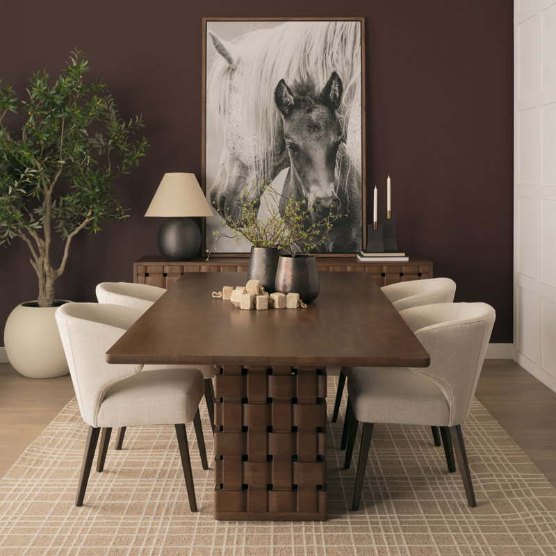 Joaquin 94" Dark Brown Solid Wood Carved Woven Base Rectangular Dining Table