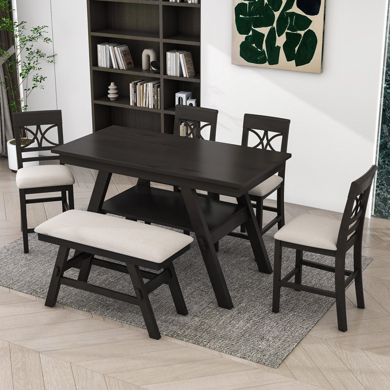 Damu 6 - Piece Dining Set, Dining Table with Storage Shelf and Bench and 4 Chairs, Espresso, Espresso