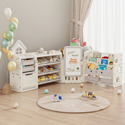 Foldable Kids Toy Storage Organizer ,With Removable Bins And 3-Tier Bookshelf For Kids Toy Storage Organizer With Drawing Board, Extra 3 Brushes