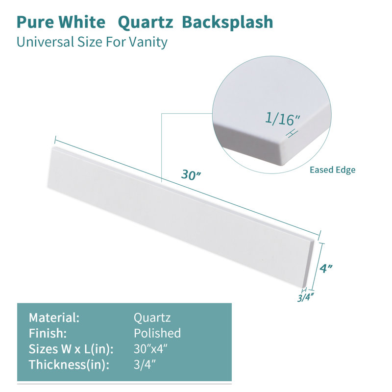 30 Inch Quartz Stone Back Splash For Bathroom Vanity Top In White