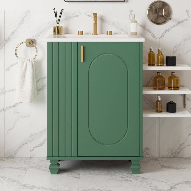 Meuble-lavabo classique 24 po avec lavabo en céramique - Structure en bois de pin massif, porte à fermeture en douceur avec tablette à 2 niveaux, espace de rangement latéral ouvert et sous-lavabo, armoire autoportante pour petites salles de bain