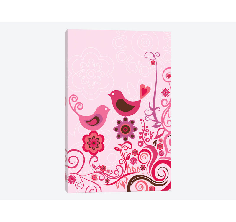 « rose oiseaux et ornements », impression sur toile tendue, H 26 po x l 18 po x P 1,5 po, Toile tendue