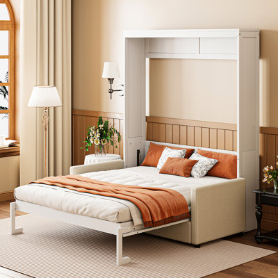 White Full Size Bed With Cushion And Bed- Fusion, Space For , Simple Operation Storage, 65.6"w X 83.1"l 83.6"h Wall Multifunctional Feature, Ideal Apartment Living, Efficient Storage Design,