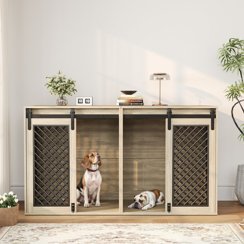 🦴61" W Separable Large Dog Crate Furniture with Divider – Versatile Design for Multiple Dogs🐶 and Spaces, Oak