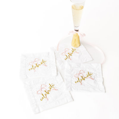 Pink Bow Embroidered Cocktail Napkin Set